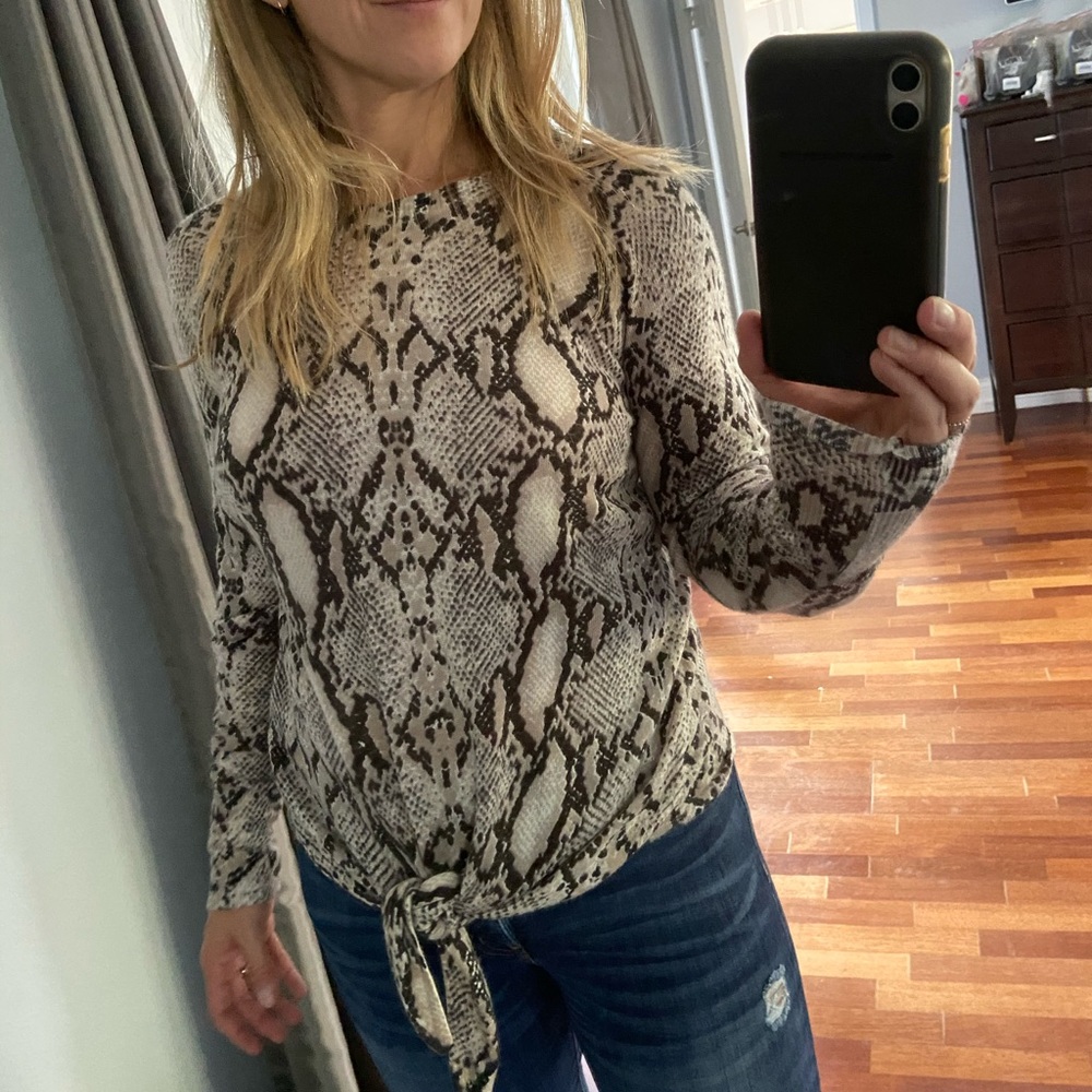 Tie front snakeskin print sweater